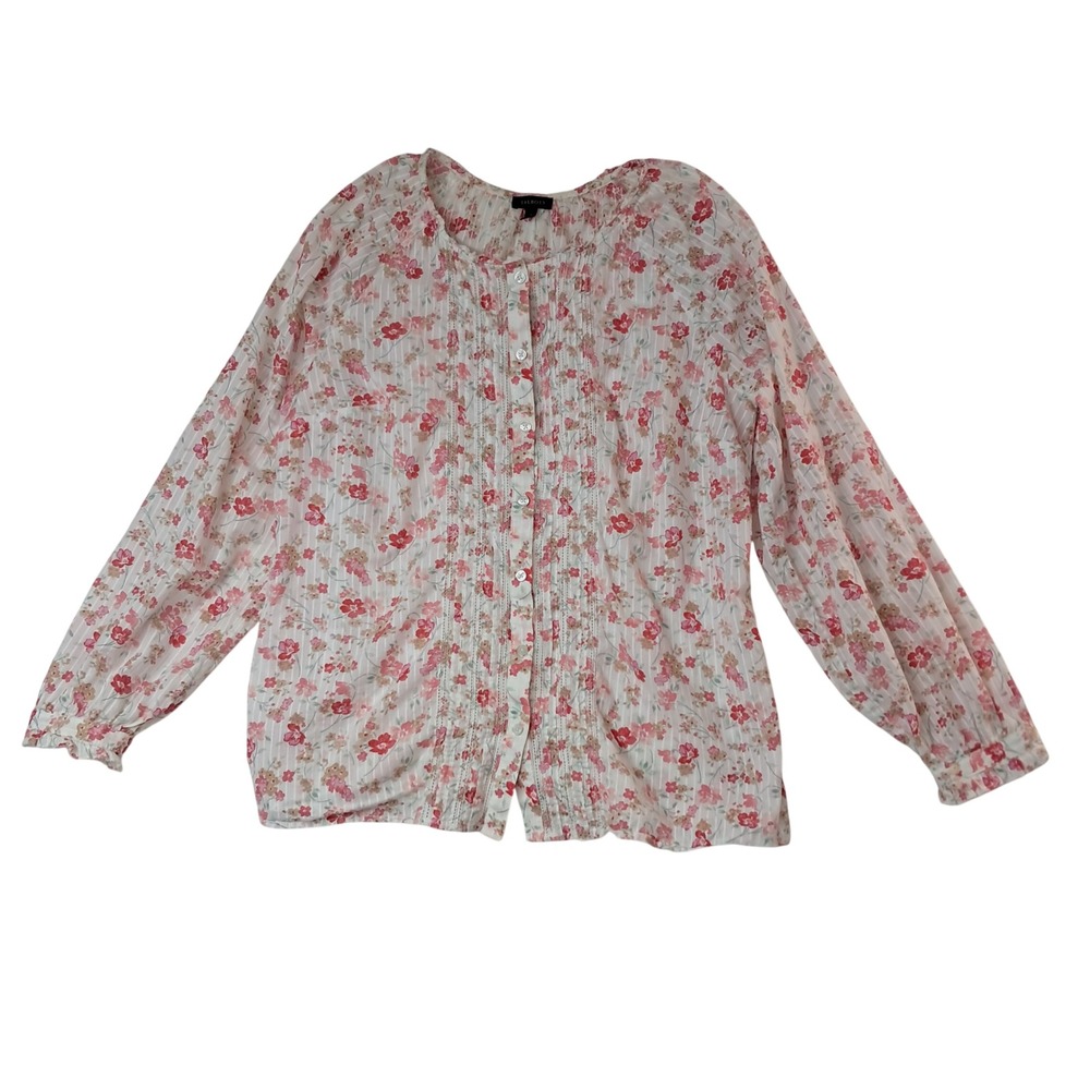 Talbots Top Womens Medium Pink Button Up Floral Pintuck Cottagecore Feminine